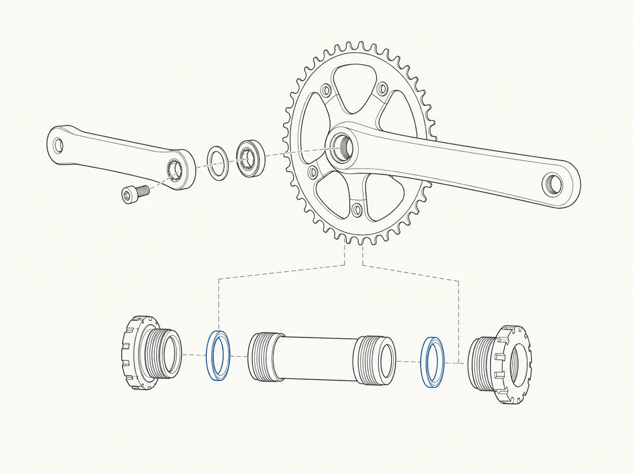 Exploded technical diagram of a bicycle crankset and bottom bracket