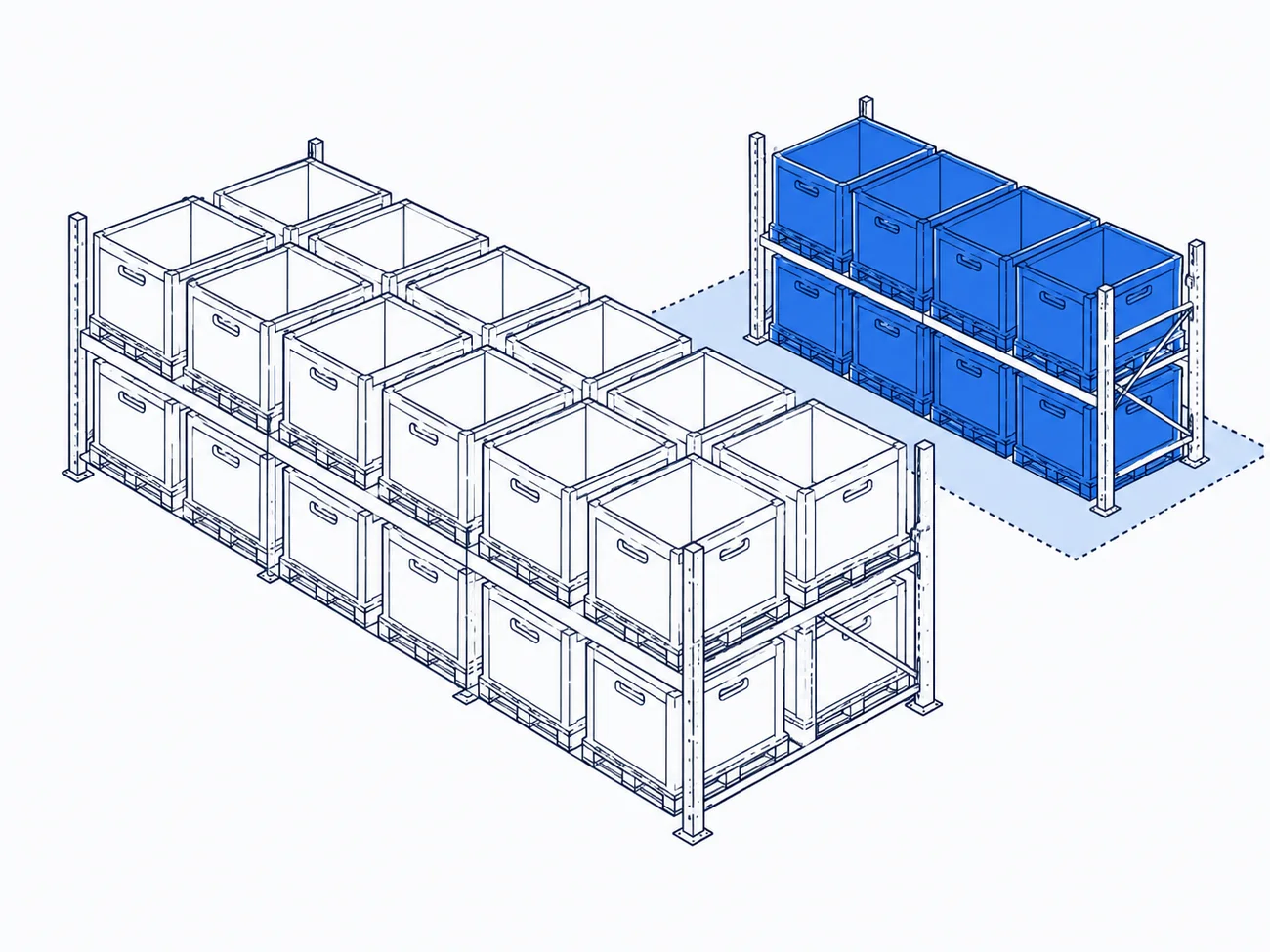 Technical illustration of warehouse stock bins with a highlighted safety-stock reserve section